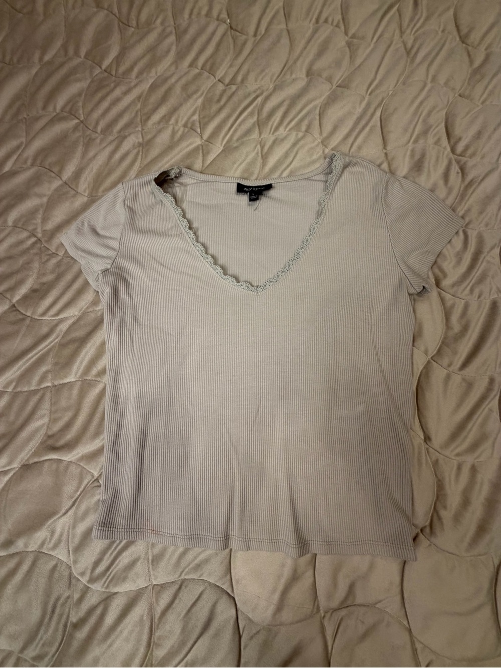 Self Esteem Cream Ribbed V‑Neck Tee with Lace Trim